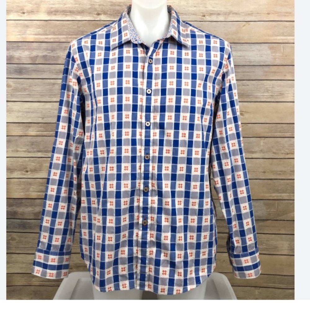 Robert Graham Classic Fit Casual Check Plaid Button Down Shirt XL Blue Orange